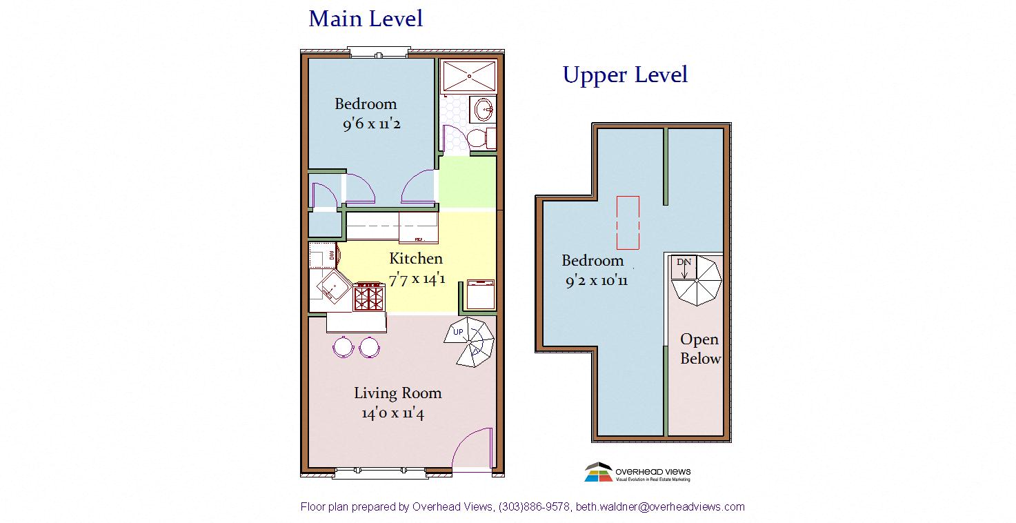 Floor plan for 2 beds, 1 bath, 770 sqft